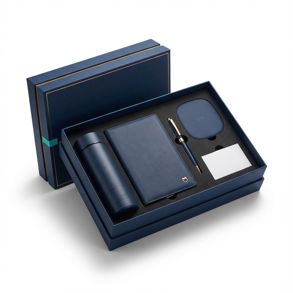 Open corporate onboarding hamper kit in a navy gift box